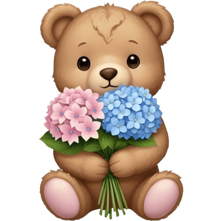 light brown teddy bear super cute holding a light pink and light blue bouquet of hydrangeas emoji