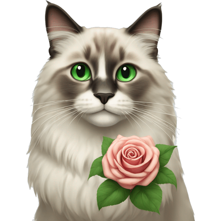 Ragdoll cat with green eyes, holding rose emoji