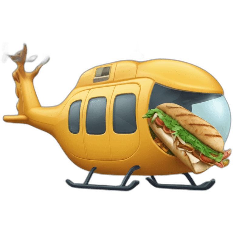 Un tableau d’un dinosaure qui mange un kebab dans un hélicoptère  emoji