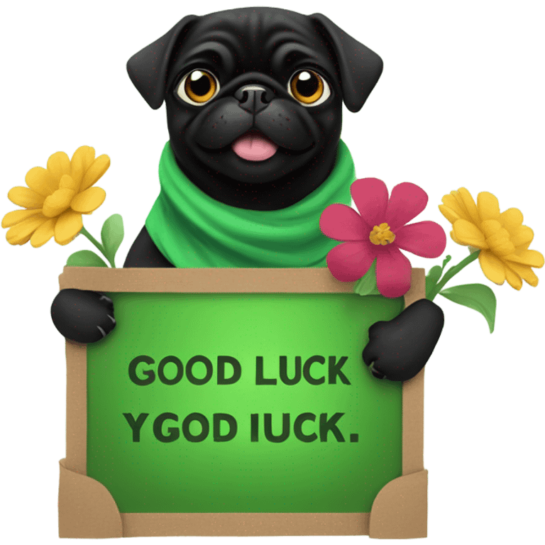 Black pug , surrounded by flowers, holding a green sign that says “good luck”  emoji