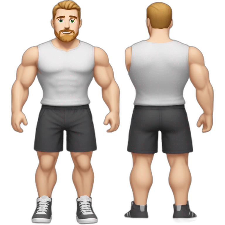 Full height Pale skinned muscular man With Realistic eyes and mouth, light brown hair and stubble In dark gray sleeveless mike, black oversize sports shorts, watch and white sneakers. emoji