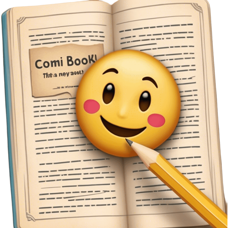 Create a detailed emoji representing the process of writing texts for comic books. The design should feature a large, open comic book with vintage comic strips visible on its pages. A pencil should be shown writing text on one of the comic panels, but without a hand. The pencil should appear as though it is actively creating the dialogue or narration. Use a classic color palette with muted tones for the comic book and brighter accents on the pencil to draw attention to the writing process. Do not include any emojis or smiley faces. Make the background transparent. emoji