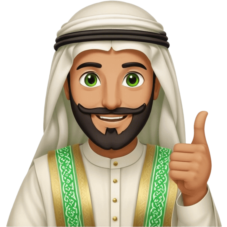 "Tanned Arab Saudi man with green eyes and a beard, wearing an agal and traditional attire, smiling happily and giving a big thumbs-u emoji