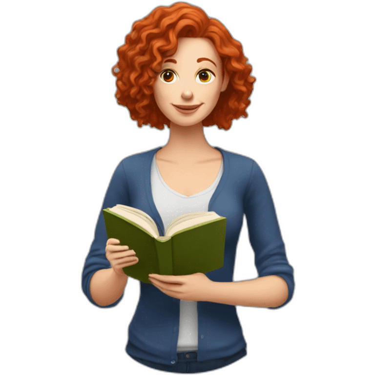 White woman with long curly red hair reading a book with a glass of wine in a park emoji