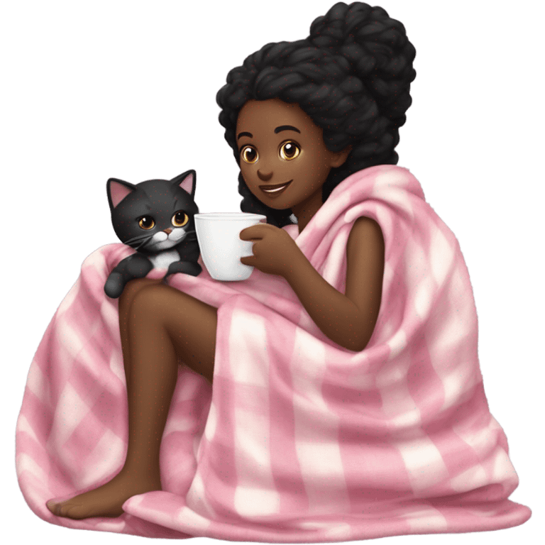 black girl with long curly hair wrapped in a pink blanket with some leg out sipping hot chocolate with a black and white cat emoji