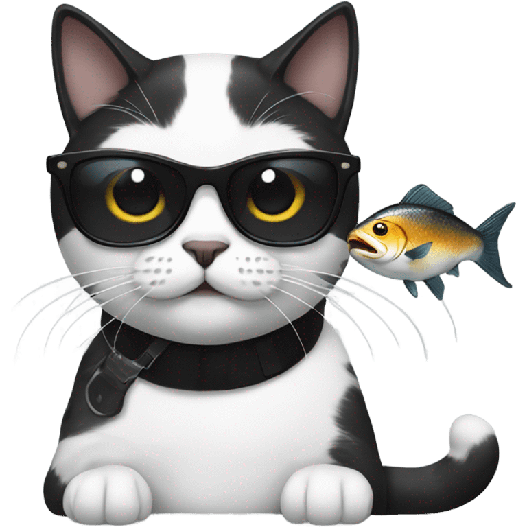 Black and white cat with black mustache wearing sunglasses and eating fish emoji