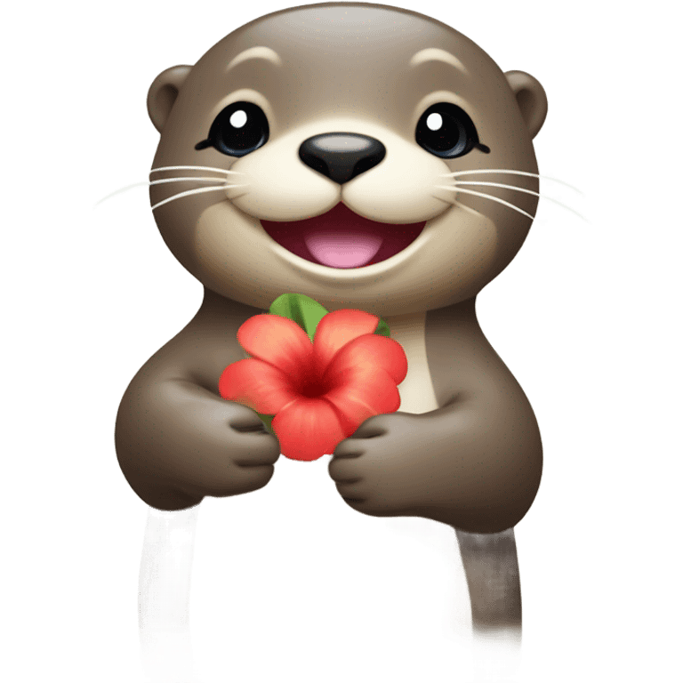 A happy and cute otter face with a Hawaiian flower-shaped pin, holding a heart in its hand. emoji