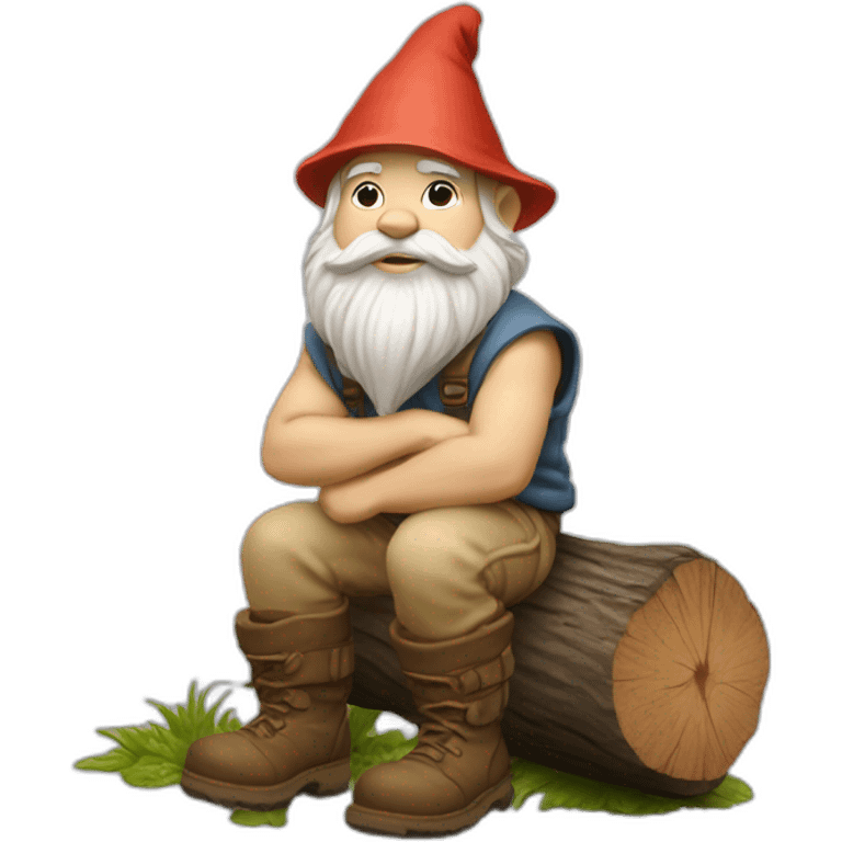 side angle of gnome with light tan pants and light tan boots squatting in front of small brown log emoji