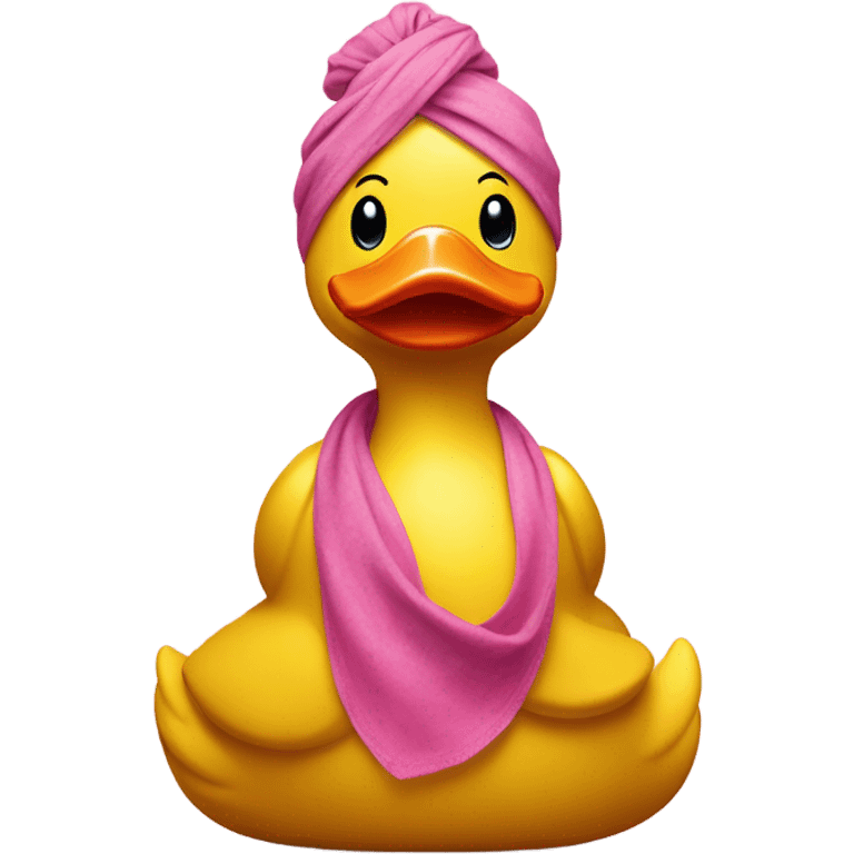 Side view of yellow rubber duck with a pink bandana doing yoga, hands together  emoji