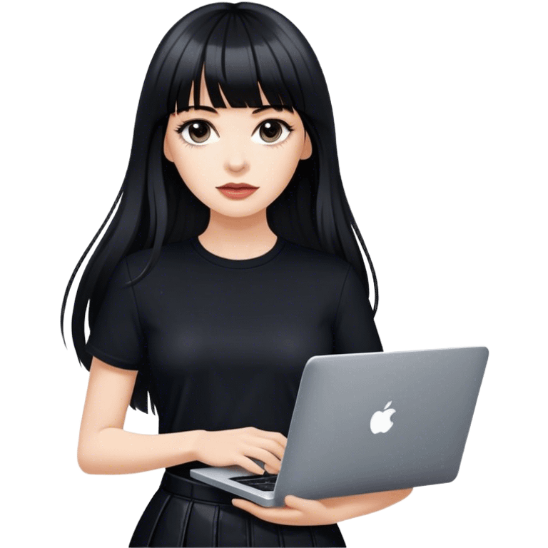 Beautiful white girl, with dark very long hair with bang, wearing black Chanel shirt, holding MacBook  emoji