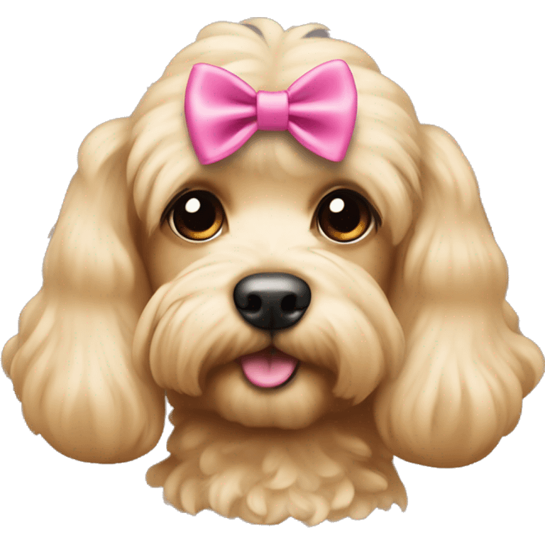 Cute blonde cockapoo with straight hair and a pink bow on her head emoji