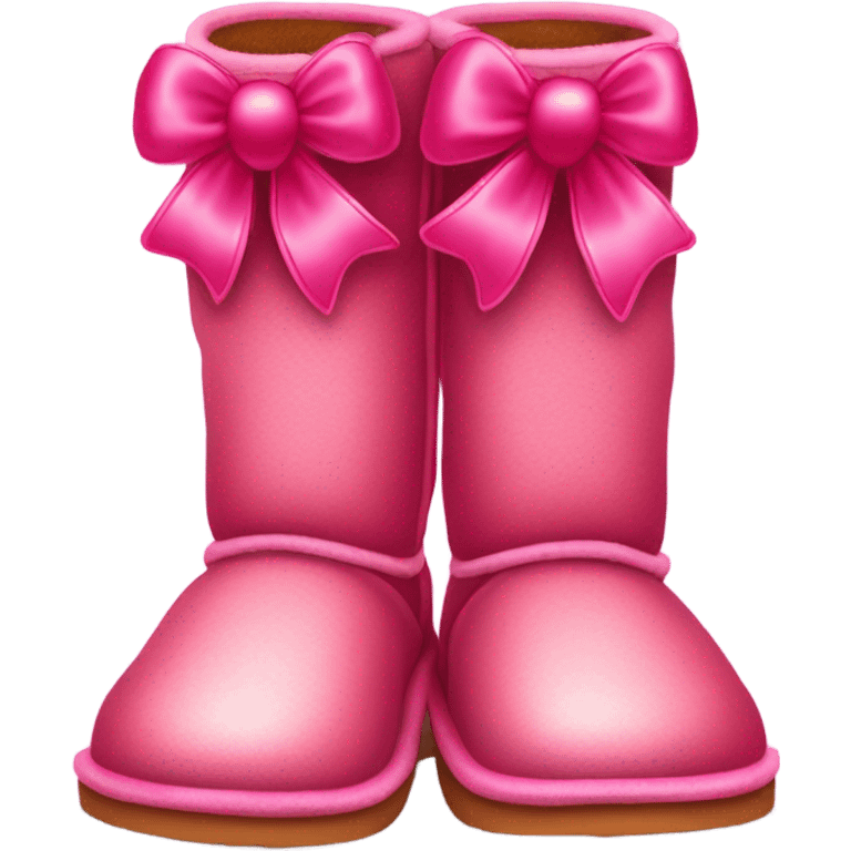 Realistic isolated pair of tall Red Ugg Fur Boots laced up with pink silk ribbon bows and hot pink and light pink sequin heart shaped patches sewn onto them. emoji