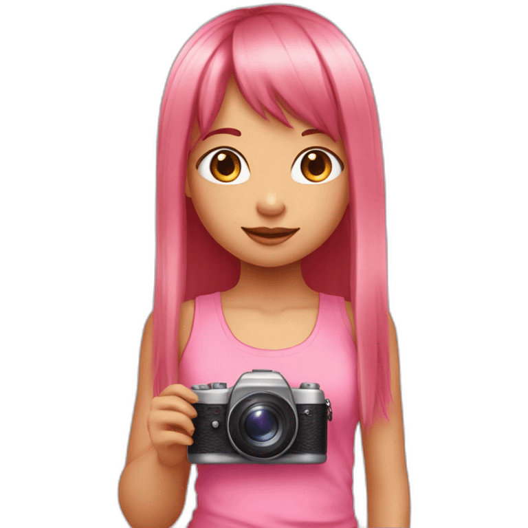 cute girl with long, straight rose hair with bangs and holding camera and wearing pink tank top emoji