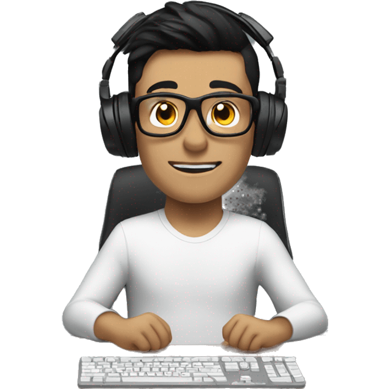 white boy with dark hair and glasses wearing gaming headset and sitting at desk on desktop computer   emoji