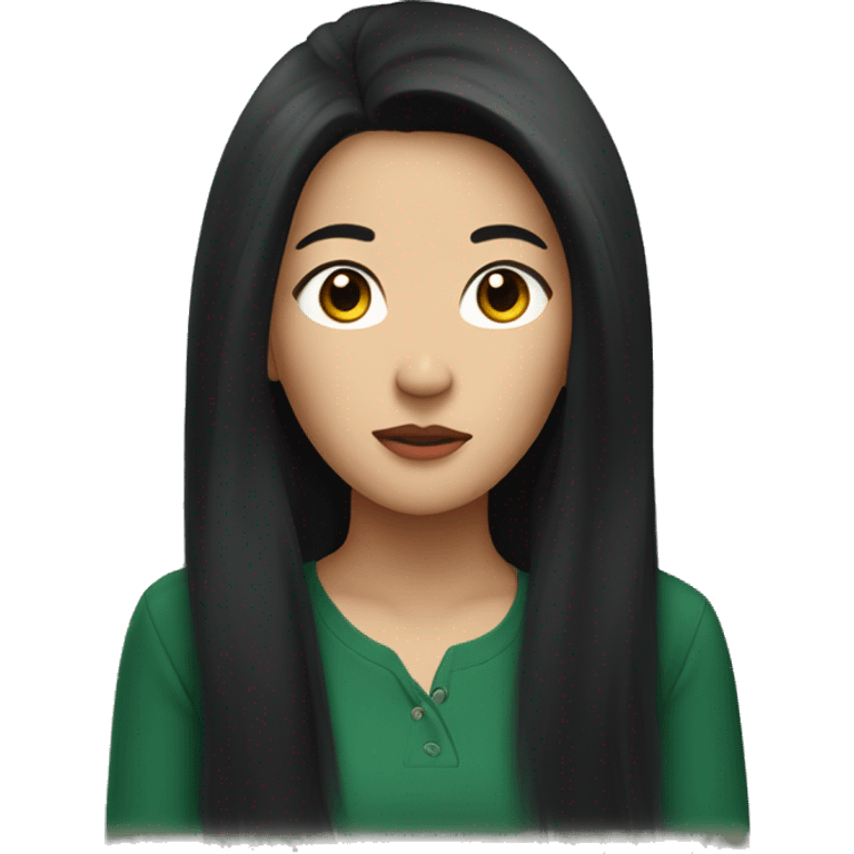 asian lady with long black hair, hoop earrings, a dark green shirt with a puzzled look on her face emoji