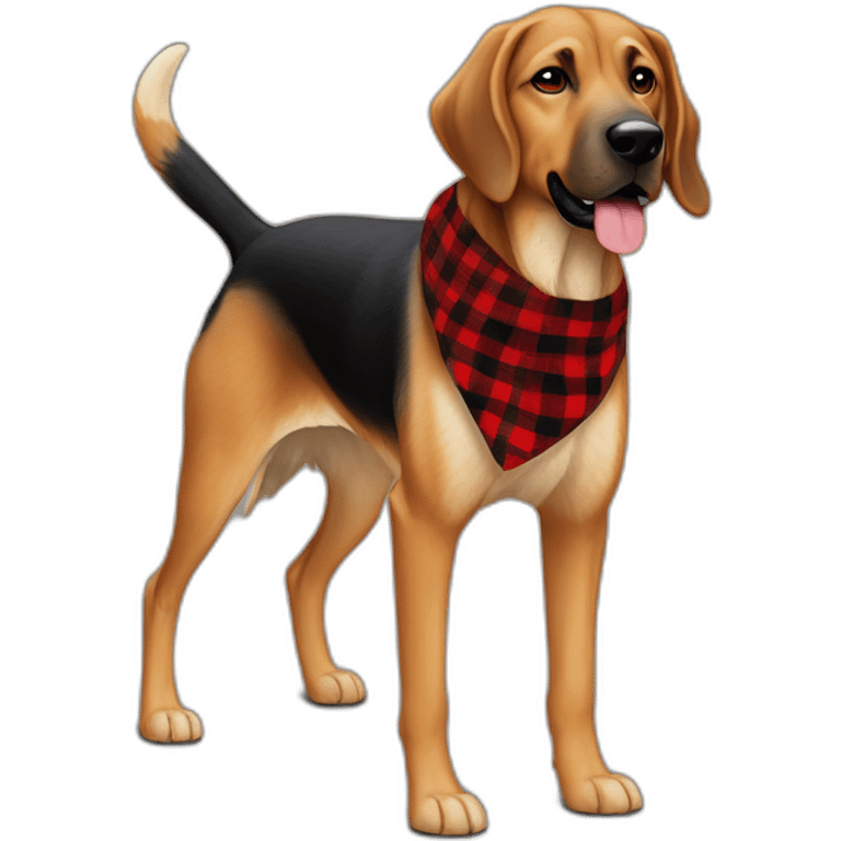 adult 75% Coonhound 25% German Shepherd mix dog with visible tail wearing small pointed red buffalo plaid bandana full body walking left quickly emoji