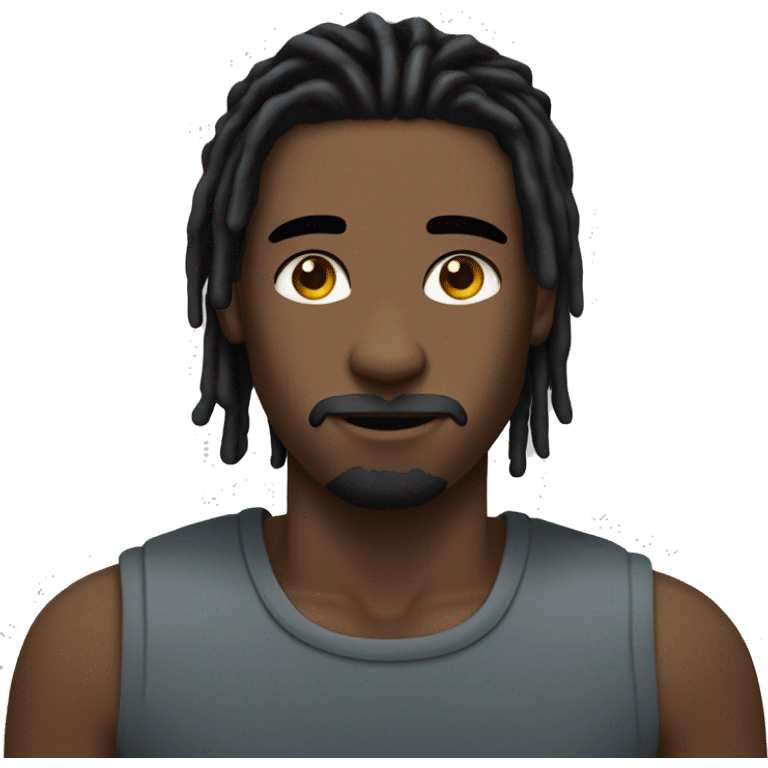 A young man with shoulder-length black dreads and thin moustache and brown skin emoji