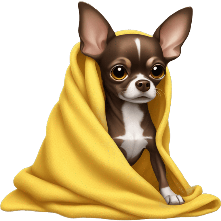 dark brown chihuahua wrapped in yellow blanket  emoji