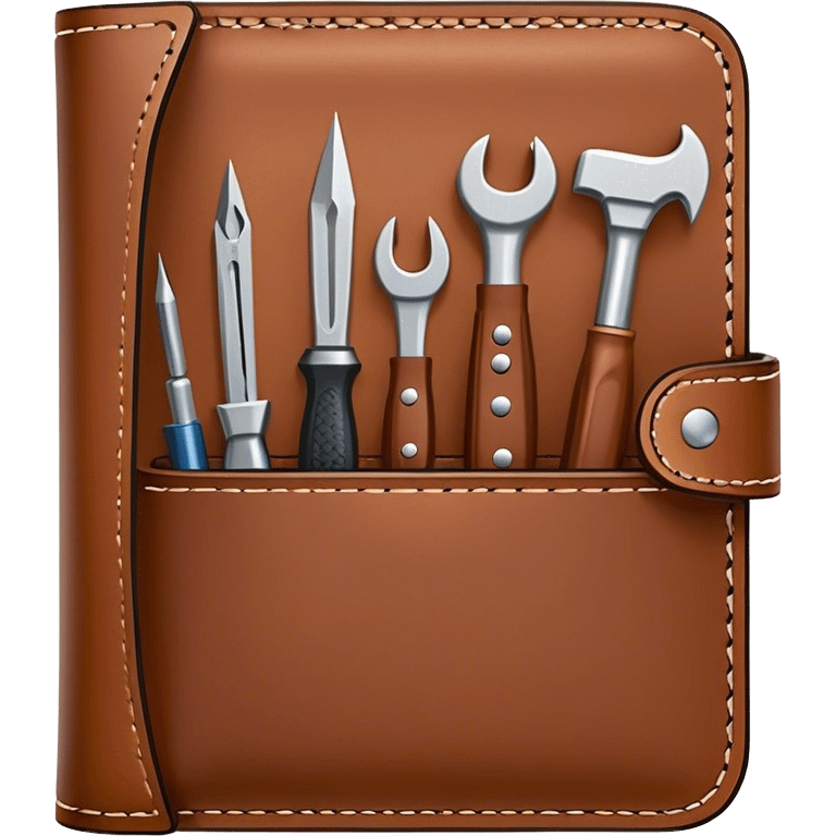 Leatherworking icon, piece of raw leather being crafted into a leather wallet or belt, professional tools like leather stitching awl, edge beveler, hammer, prying tool, minimalistic style, clean lines, transparent background. emoji