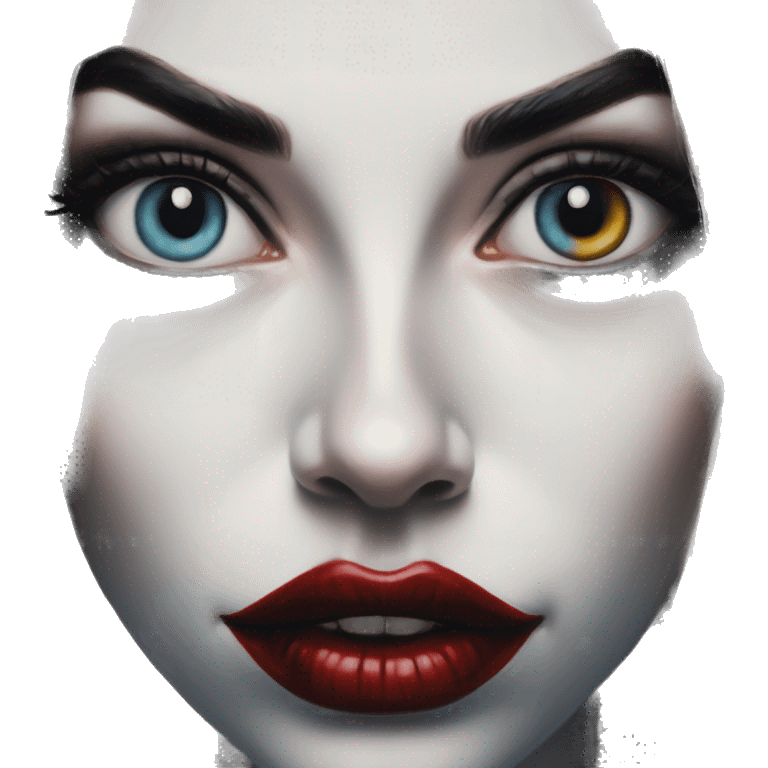 Love in Harley Quinn style, oil paint, mysterious eyes, intricate lips, masterpiece portrait, odd perspective, beautiful, desirable, logical emoji