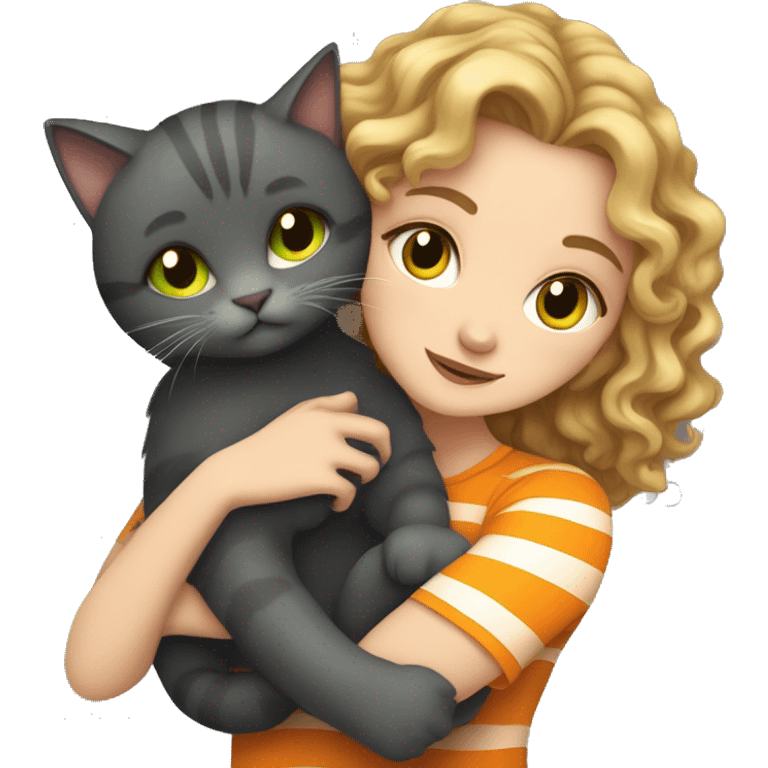 A white girl with dark blonde curly hair and green eyes hugging her dark grey cat with orange stripes and yellow honey eyes emoji