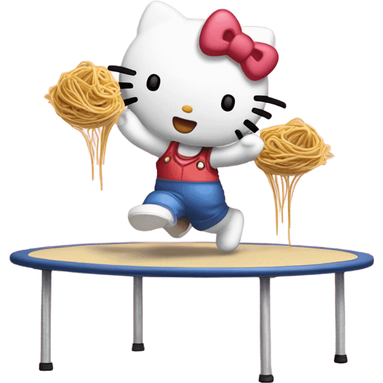 Make hello kitty jumping on a trampoline holding spaghetti  emoji