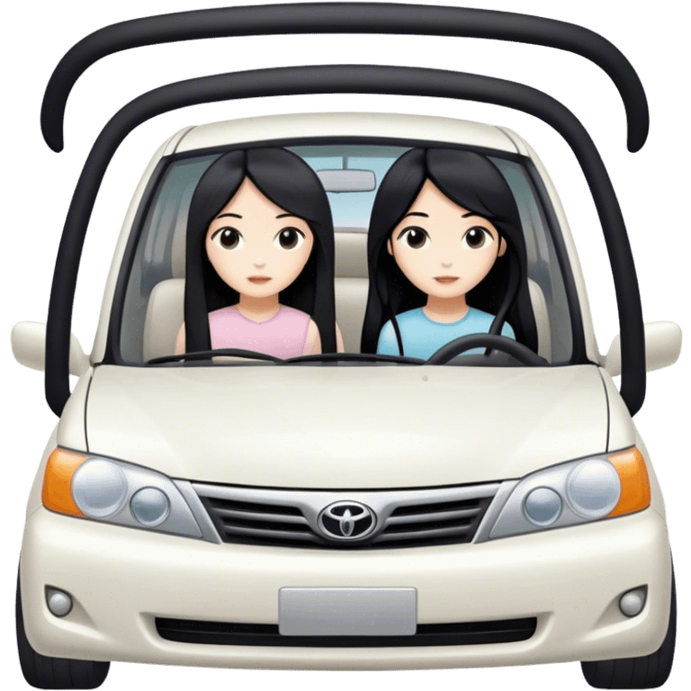 Two girls with long black hair, white, in white Toyota car from far view  emoji