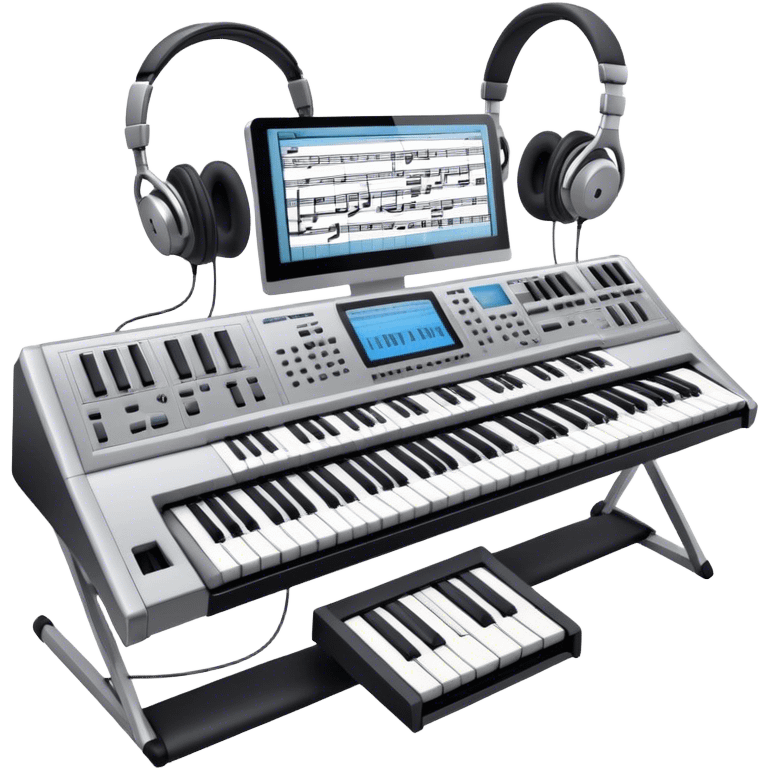 Create a professional and artistic emoji that represents writing music tracks. The design should feature a large monitor displaying musical notes or a score, positioned in front of a professional Korg synthesizer. Add elements like studio headphones, a MIDI keyboard, and an audio interface to symbolize the tools used in music production. Use sleek, modern colors like silver, black, and neon accents to convey the professional environment of music composition. The background should be transparent. emoji