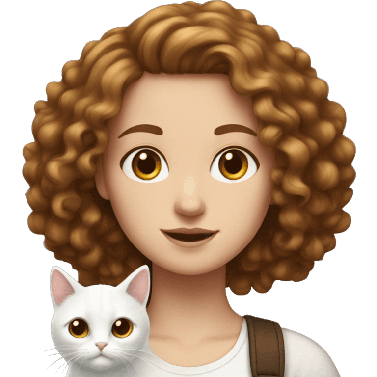 White girl with curly brown  hair and white cat  emoji