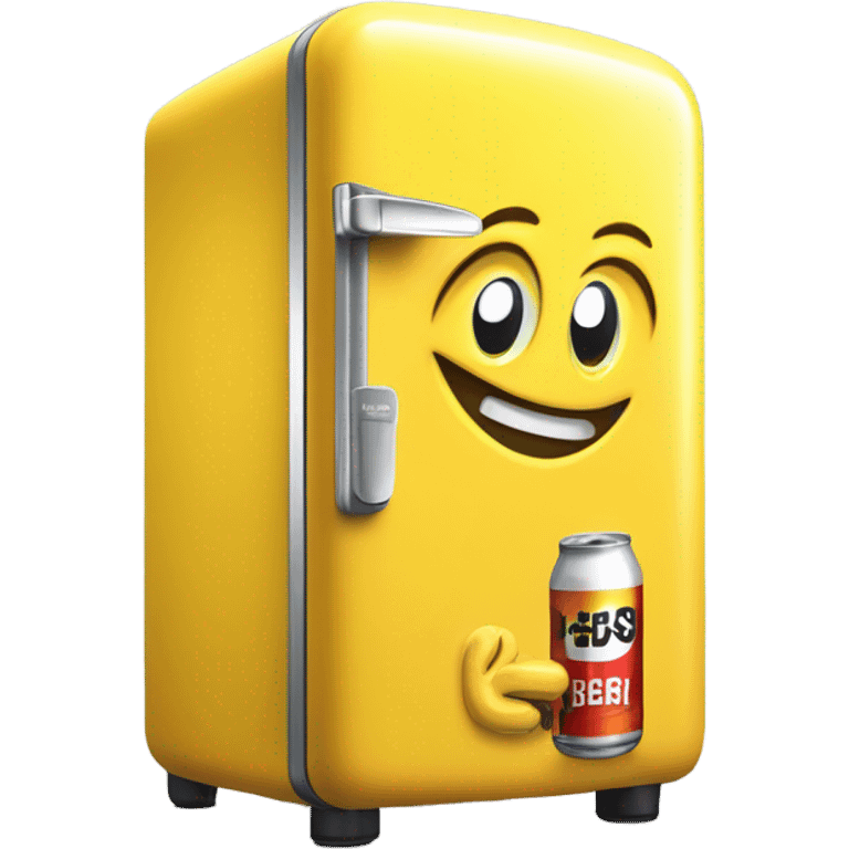 A 3D yellow mini fridge in emoji style, inspired by the sleek design of a Smeg fridge. The fridge door is slightly open, revealing a few beer cans inside. Add only two eyes on the fridge door for a mascot-like touch. Clean and minimalistic aesthetic. emoji