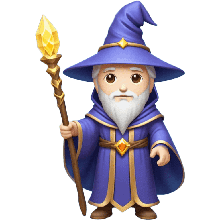 Clash of Clans aesthetic: Cinematic heroic powerful Wizard Hero Emoji, rendered in a 3D vector-style similar to standard emojis with minimal shading and bold, simplified shapes. A compact, isometric figure draped in flowing enchanted robes and wielding a mystical staff, softly glowing with an arcane magical charm. Simplified yet unmistakably iconic, highly detailed and consistent, glowing with a soft radiant glow and high shine. Stylized with a touch of whimsical sorcery and a soft glowing outline, capturing the essence of a powerful wizard ready to cast spells with a friendly, playful spirit! emoji