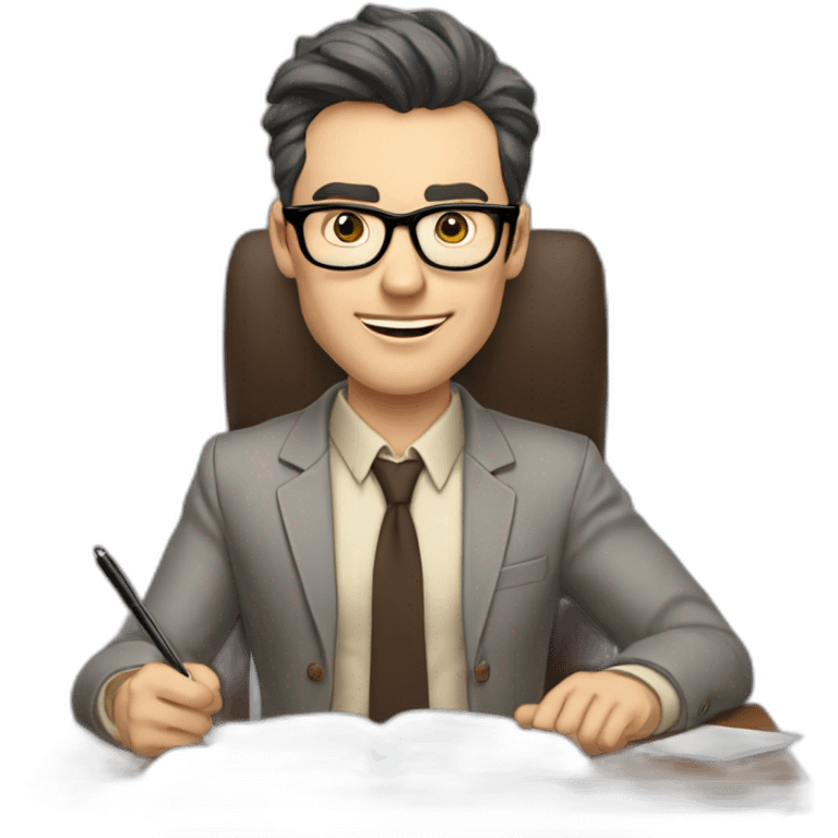 Fooling showing his tongue Pale skinned Fit Man With dark brown hair in gray jacket, beige office shirt, Brown pants and vintage glasses sitting In a soft chair with a notebook and a pen emoji