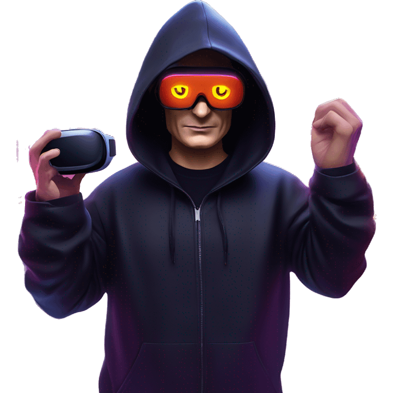 Vladimir Putin wearing a black hoodie with "OMG" letters on it and VR headset oculus quest 2 in a cyberpunk VR environment with violet neon lighting. emoji