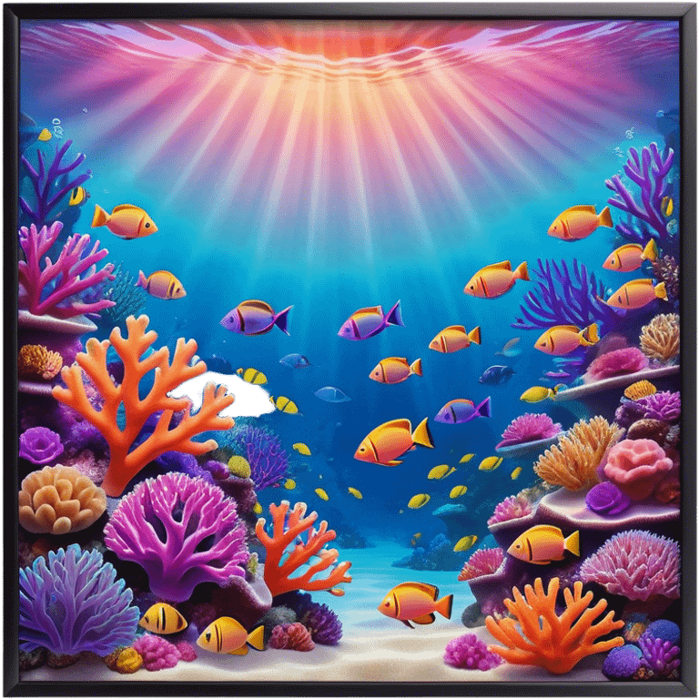 Cinematic Realistic Coral Reef Emoji in a wooden frame, Vibrant and alive, with colorful corals in hues of pink, purple, and orange, swaying gently with the underwater currents. Schools of tropical fish dart between the coral, with soft rays of sunlight piercing through the clear blue water above, creating a magical, serene underwater world. Soft glowing outline, capturing the essence of the bustling, colorful, and peaceful aquatic paradise. emoji