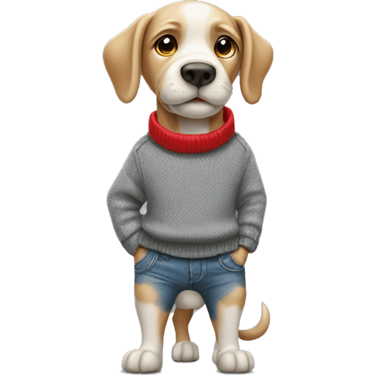 Dog in a grey jumper with his hands in his pockets with jeans and red shoes emoji