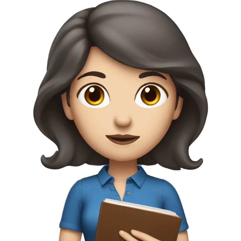 White woman with dark brown hair and eyes holding a book. Blue outfit emoji