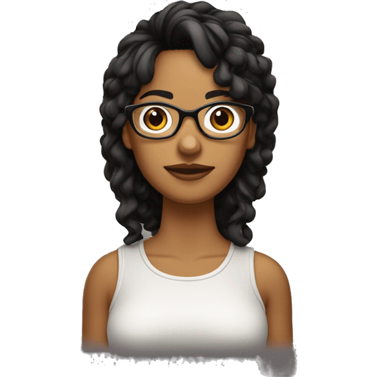 Chica rizada con el cabello castaño, corto corto y lentes negros emoji