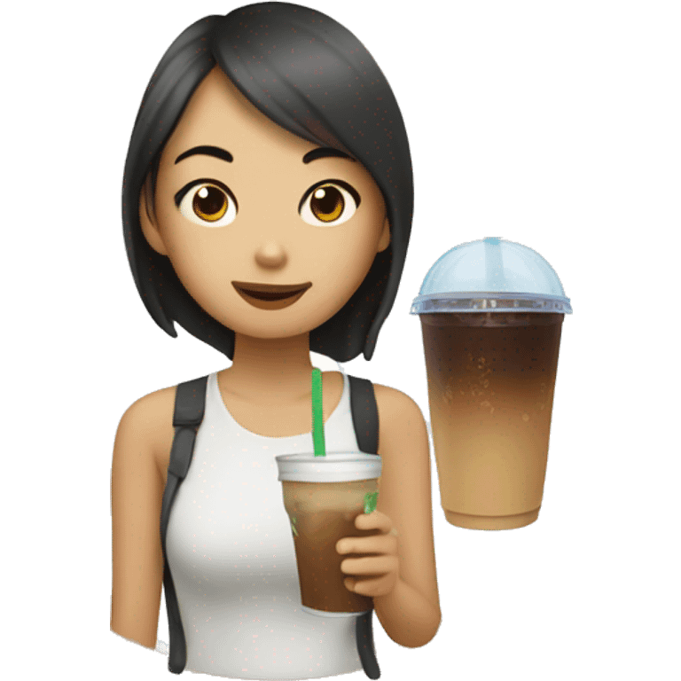 an asian girl drinking a cup of iced coffee in the summer emoji