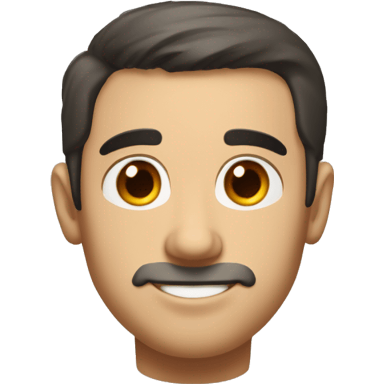 portrait of a man with an oval-shaped face and soft, balanced features. He has short dark hair, neatly styled upwards, and warm brown eyes with a friendly, slightly squinted expression. emoji