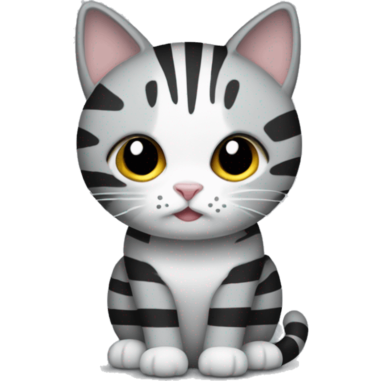 Create a cat with stripes (grey and a bit black) and a white little beart  emoji