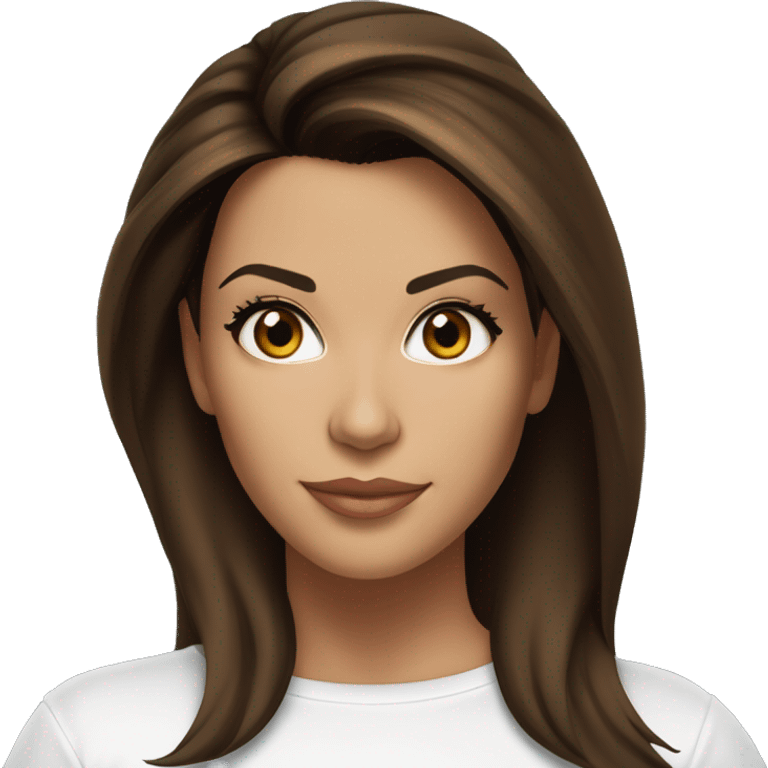 3/4 face, contrasted, shadow, light, Eva Longoria expression, standing from a distance, thin nose, brunette woman, hazel eyes, long eyelashes, dark shoulder shaded hair, white t-shirt, jeans, white sneakers emoji