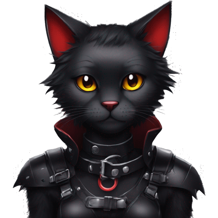 Anthro Edgy Cool Beautiful Black Cat-Fursona with Emo Hair-bangs with Red Streaks Chest Harness Spiked Collar Bat Wings emoji