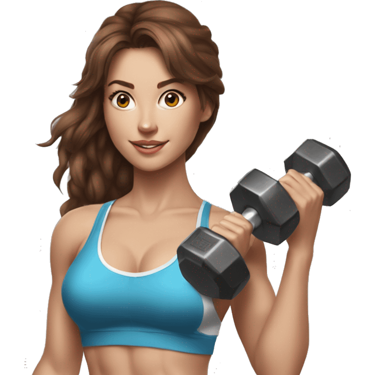 Hyperrealistic pencil drawing of a sporty sexy girl with brown hair, holding dumbbells emoji