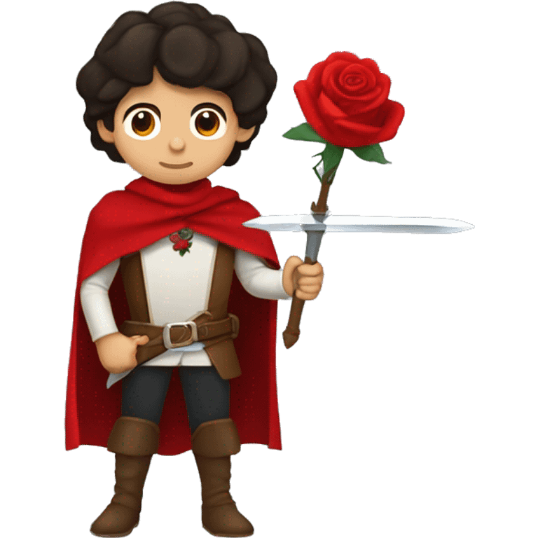 canela skin boy dark hair musketeer with red rose shoulder medieval cape and sword emoji