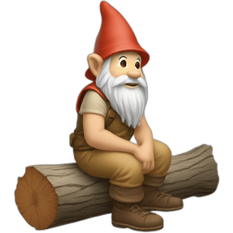 side view of gnome with light tan pants squatting above tiny brown log emoji