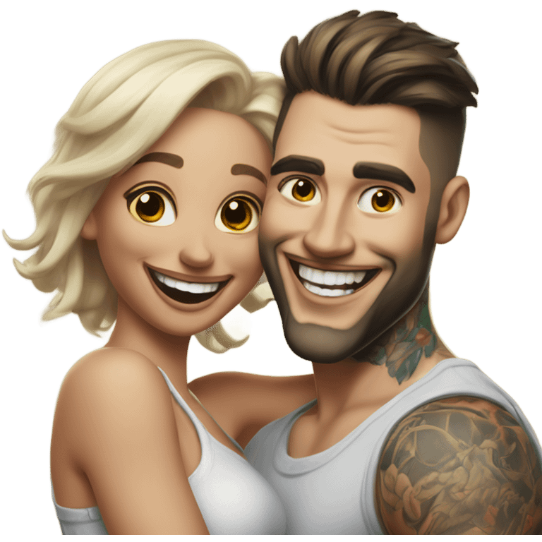 Hyper Realistic beautiful woman in the arms of a very handsome tattooed man laughing  emoji