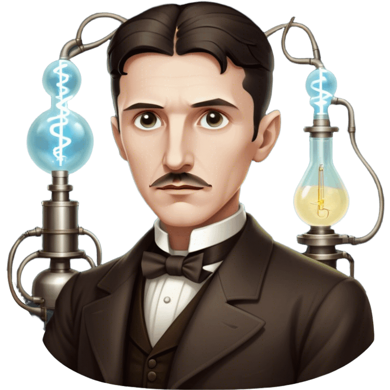 Nikola Tesla – Cinematic Realistic Portrait of Nikola Tesla, depicted as a visionary inventor with intense, thoughtful eyes and period attire, surrounded by subtle arcs of electric light and early laboratory apparatus, rendered with dramatic lighting that evokes mystery and innovation. emoji