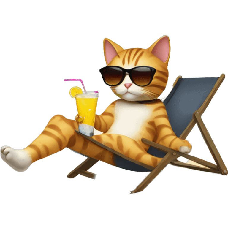 cat relaxing on the beach with sunglasses and drink, palm tree in background emoji