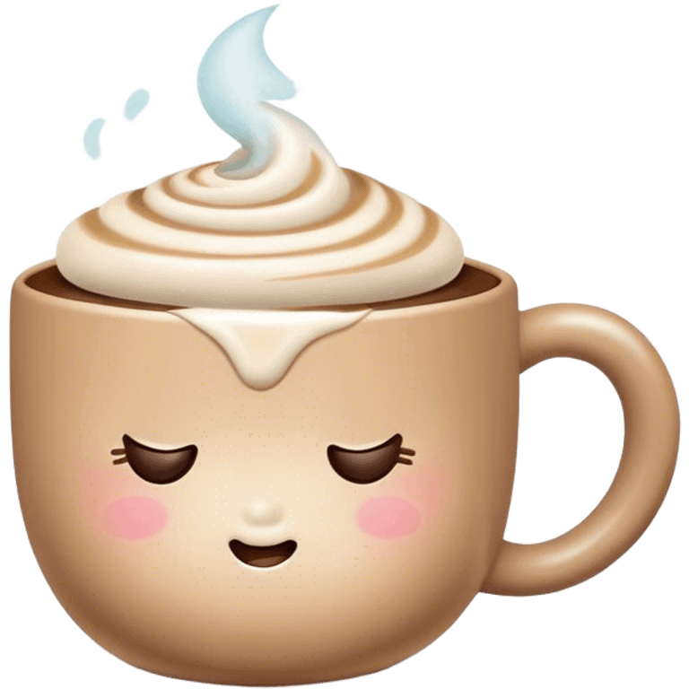 Cute Kawaii Coffee Cup, cozy and warm, a tiny swirl of steam shaped like a heart, round chubby face with a sleepy but content expression, soft pastel brown and cream colors, perfect morning vibes! emoji