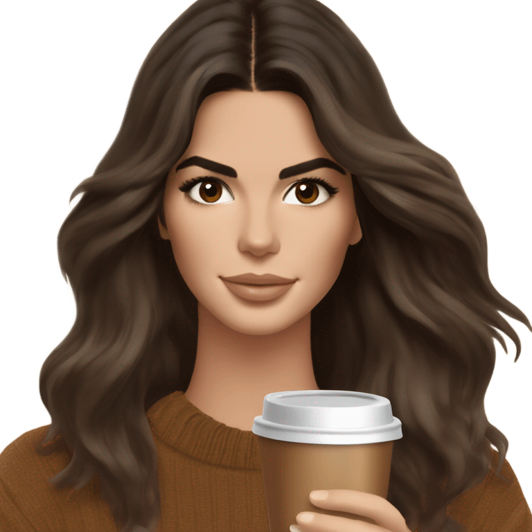 brunette Kendall Jenner with soft and shiny and long and brown hair her eyes brown and sipping coffee Her hair is wavy and shiny With brown sweater just one  emoji